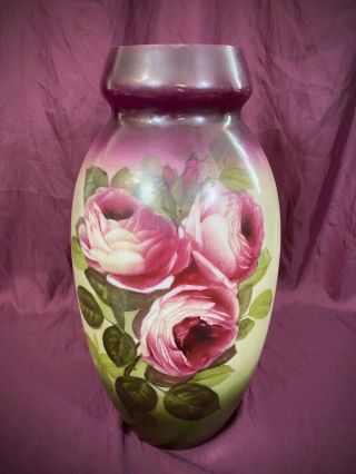 Large Antique Victorian Bristol Glass Enamel Vase Hand Painted Pink Roses 14.  5 "