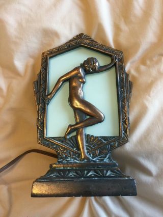 Art Deco Nude Lady Silhouette Metal Lamp W White Glass Shade