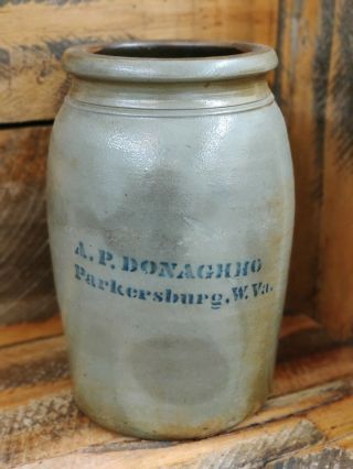 A P Donaghho Parkersburg W.  Va.  1 Gallon Stoneware Jar.  Blue Cobalt Decorated