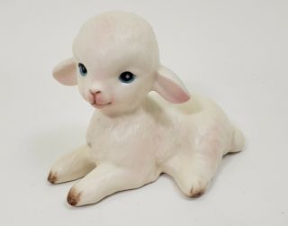 Vintage Lefton Ceramic White With Pink And Blue Accents Lamb Lying Down 3” Tall