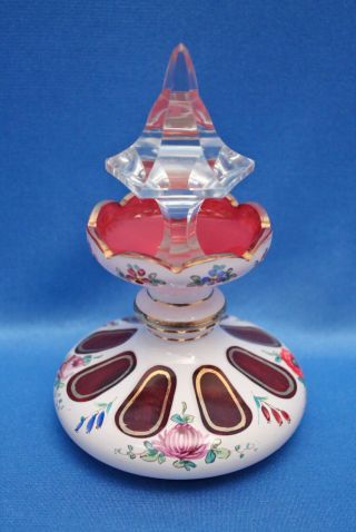 Vtg Large Czech Bohemian Cased Milk Glass Cut To Cranberry Perfume,  Fancy Stopper