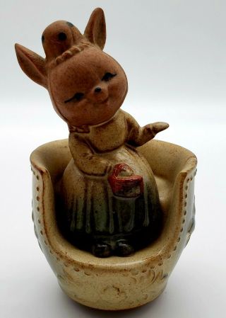 Vintage Uctci Japanese Pottery Mouse In Teacup Music Box