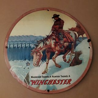 Vintage Porcelain Winchester Hunting Outdoor Cowboy Horse Man Cave Garage Sign