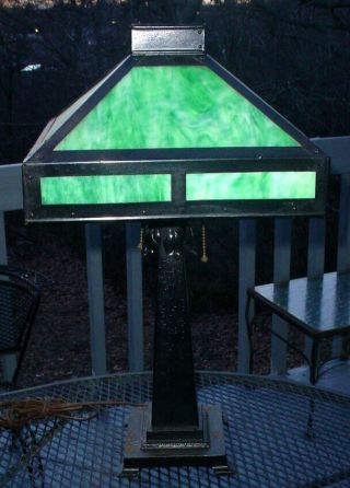 Antique Mission Green & Black Slag Glass 12 Panel Table Lamp N/r