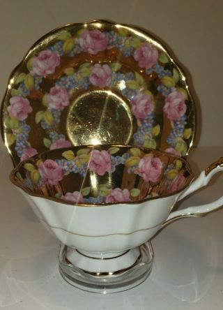Queen Anne Pink Roses Heavy Gold Tea Cup And Saucer Rare.