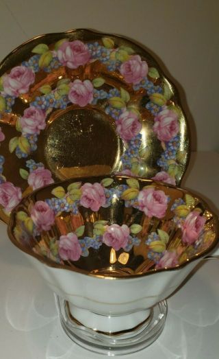 Queen Anne pink roses heavy gold tea cup and saucer RARE. 2