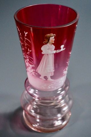 Mary Gregory Cranberry Art Glass Vase Enamel Painted Vase