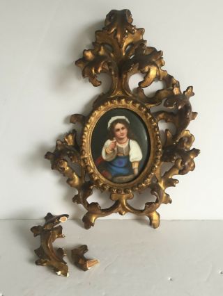 Antique German Hand Painted Porcelain Plaque Young Girl Ornate Rococco Frame