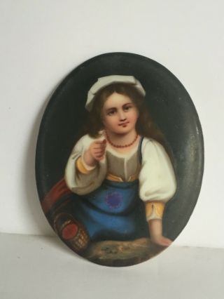 Antique German Hand Painted Porcelain Plaque YOUNG GIRL Ornate Rococco Frame 2