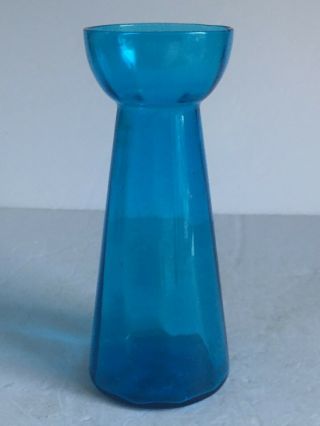 Antique Blown Optic Rib Victorian Peacock Blue Glass Hyacinth Bulb Vase 8 1/4 "