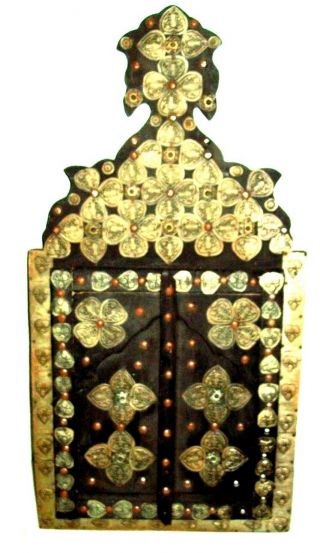 Antique Vtg Gothic Cabinet Mirror Frame Medieval Medevil Wood Hammered Metal