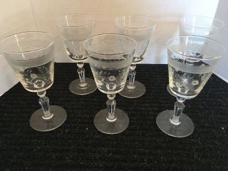 Vintage Cut & Etched Lead Crystal Wine Glasses,  Set Of 6