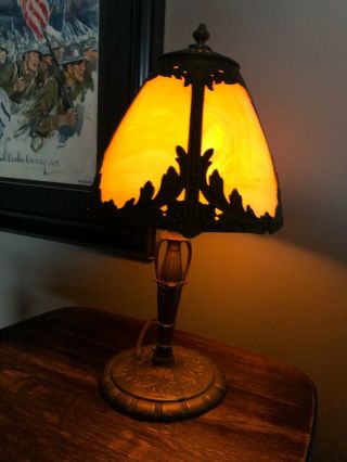 Vintage Antique Art Nouveau Bronze Lamp W/ Lag Glass Shade - Perfect