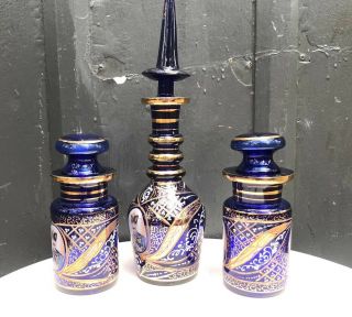 Antique Persian Hand - Painted Cobalt Glass Decanter & Jars