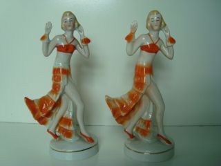 Vintage German? Art Deco Pair Porcelain Lady Dancer Signed Foreign 6  High