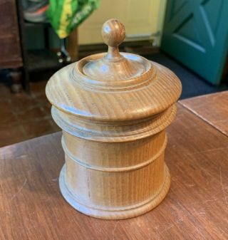 Antique Hand - Turned Wooden Tobacco Jar Box With Cover