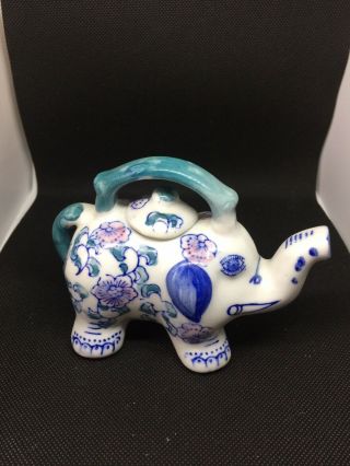 Vintage Ceramic Floral Blue And White W/pink Flowers Elephant Tea Pot/creamer