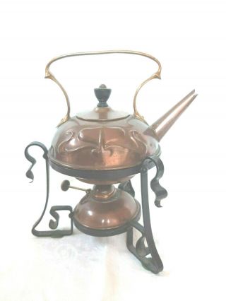 Art Nouveau Antique Copper Kettle Tea Pot With Burner Warmer And Cast Iron Stand