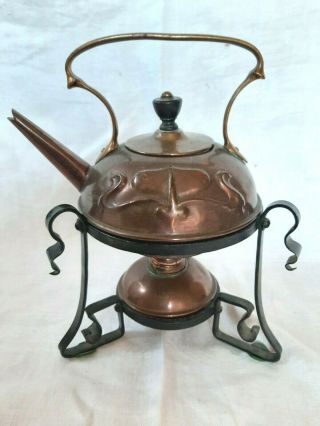 Art Nouveau Antique Copper Kettle Tea Pot with burner warmer and cast Iron Stand 2