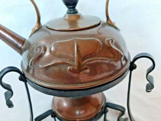 Art Nouveau Antique Copper Kettle Tea Pot with burner warmer and cast Iron Stand 3