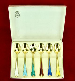 6 Vintage David Andersen Sterling Silver Guilloche Enamel Spoons