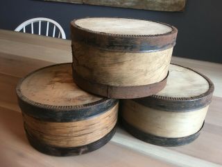 (3) Vintage Round Wooden Cheese Boxes W/ Lids Farm House Decor Container