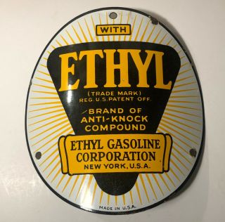 Vtg 1930s Ethyl Anti - Knock Gasoline Porcelain Curved Pump Sign 8” Gas Pump Plate