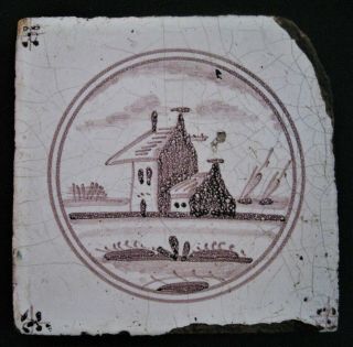 Delft Blue Tile 17th Century 2 Houses With Sail Boats Dutch Rare Sailing Ships