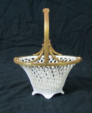 Vintage Reticulated White Glaze Pottery Basket With Brass Ormolu And Handle