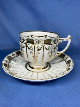 Antique Mini Footed White Mustache Tea Cup And Saucer Set With Heavy Gold Trim