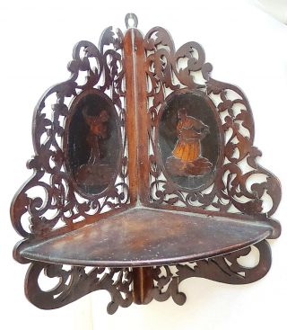 Antique Decorative Wood (cut Out) Fret Corner Shelf With Carved Man And Women
