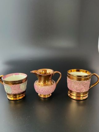 Antique Copper Luster Creamer W/ Pink Sanded Band And Two Baby Cups