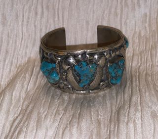Vintage Navajo Silver And Turquoise Cuff Bracelet Signed Heavy