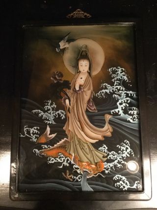 Vintage Chinese Reverse Painting On Glass Woman And Dragon Fish