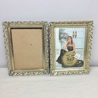 2 Vintage Metal Filigree Picture Frames 5x7 No Glass Gold Tone Mid Century