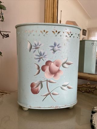 Vintage Tole Painted Waste Basket Trash Can Shabby Pink Rose Aqua Half Moon Htf