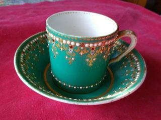 Antique Early 19th C.  Cup And Deep Saucer Raised Gold Enamel Porcelain