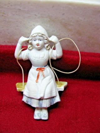 Antique German Bisque Girl On Swing Figurine - Porzellanfabrik Unger,  Schneider,