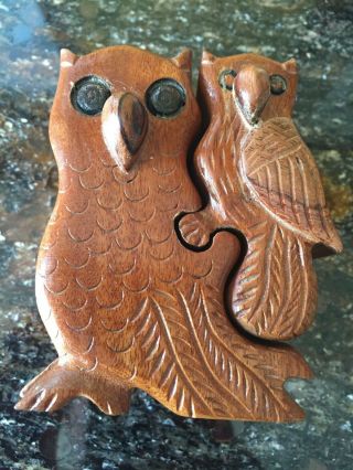 Wooden Owl With Baby Owl Puzzle Trinket Jewelry Keepsake Box