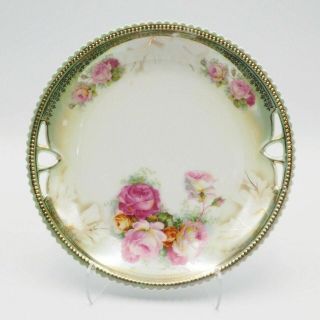 Antique Vintage P K Silesia Hand Painted Rose Serving Plate 9.  75 Inch