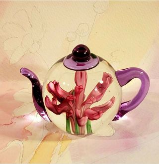 Vintage Glass Teapot Paperweigt Flower Dynasty Gallery Heirloom Collectibles