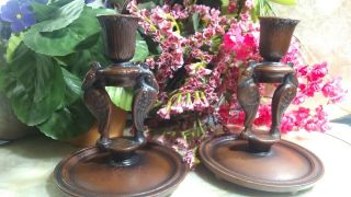 (2) 6.  5”in Antique Hand Painted Metal Bird Candle Holder Signed Mp
