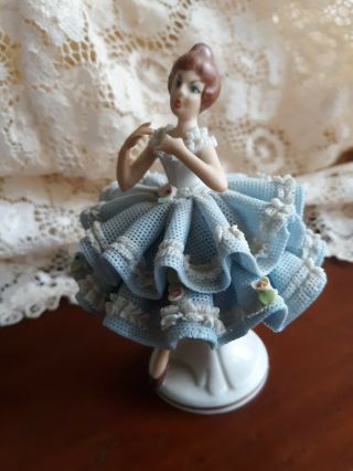 West Germany Dresden Sandizell Porcelain Figurine: Blue Lace Dress