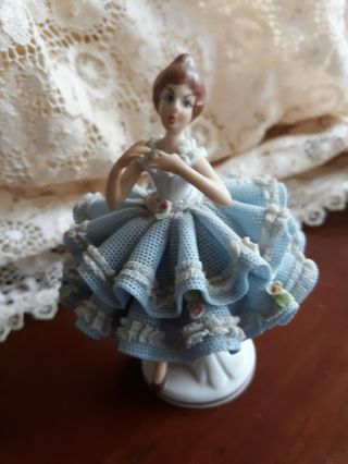 West Germany Dresden Sandizell Porcelain Figurine: Blue Lace Dress 2