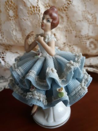 West Germany Dresden Sandizell Porcelain Figurine: Blue Lace Dress 3