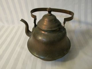 Vintage Copper Tea Pot Kettle With Wooden Knob Odd Shape Large
