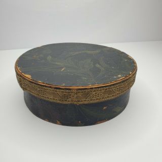 Antique Hand Painted Wood Box Round Victorian Floral And Bird 7.  5 "