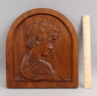 Antique Signed 1934 Arts & Crafts Carved Wood Young Boy Wall Hanging Plaque Nr