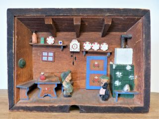 Vintage Folk Art Carved Wood 3d Diorama Shadow Box Man Lady Kitchen Italy 2