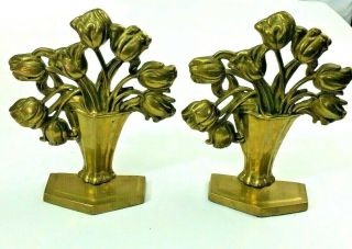 Vintage Brass Flowers Bookends -